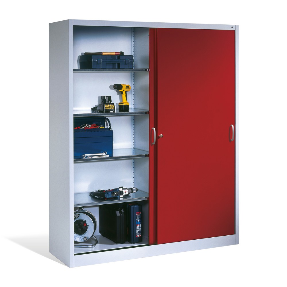 N° de l'image du produit 4 : Armoire à portes coulissantes d’atelier C+P avec 8 tablettes, H x l x P 1 950 x 1 600 x 500 mm, cloison de séparation, gris clair, rouge rubis