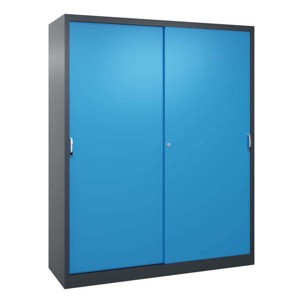 Illustration du produit: Armoire à portes coulissantes d’atelier C+P avec 8 tablettes, H x l x P 1 950 x 1 600 x 500 mm, cloison de séparation, gris anthracite, bleu clair