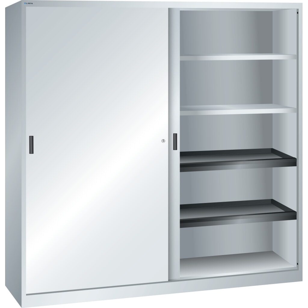 Armoire à portes coulissantes LISTA, (lxPxH) 2 000x580x1 950 mm, 4 étagères coulissantes, 4 étagères réglables, gris clair Illustration du produit: Armoire à portes coulissantes LISTA, (lxPxH) 2 000x580x1 950 mm, 4 étagères coulissantes, 4 étagères réglables, gris clair