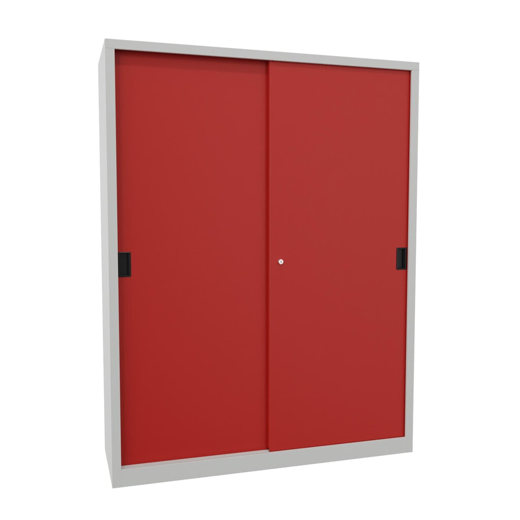 Armoire à portes coulissantes PAVOY avec 8 tablettes + cloison de séparation, HxlxP 1 950 x 1 500 x 500 mm, rouge feu, gris clair N° de l'image du produit 1 : Armoire à portes coulissantes PAVOY avec 8 tablettes + cloison de séparation, HxlxP 1 950 x 1 500 x 500 mm, rouge feu, gris clair