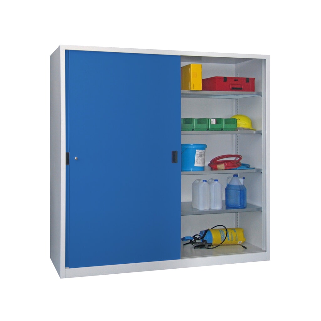 Armoire à portes coulissantes PAVOY avec 4 tablettes, HxlxP 1 950 x 1 000 x 400 mm, bleu gentiane, gris clair N° de l'image du produit 1 : Armoire à portes coulissantes PAVOY avec 4 tablettes, HxlxP 1 950 x 1 000 x 400 mm, bleu gentiane, gris clair