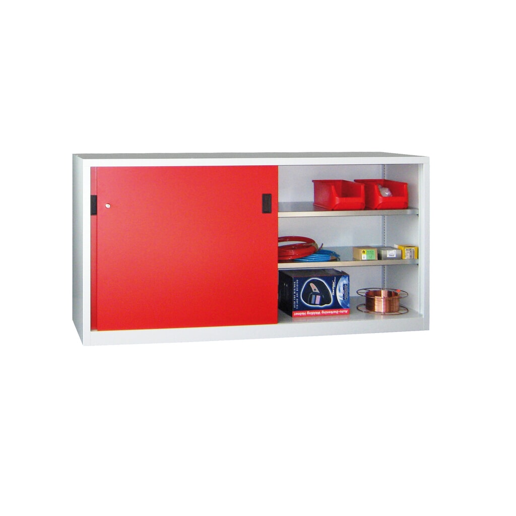 Armoire à portes coulissantes PAVOY avec 4 tablettes + cloison de séparation, HxlxP 1 000 x 2 000 x 400 mm, bleu gentiane, gris clair N° de l'image du produit 1 : Armoire à portes coulissantes PAVOY avec 4 tablettes + cloison de séparation, HxlxP 1 000 x 2 000 x 400 mm, bleu gentiane, gris clair