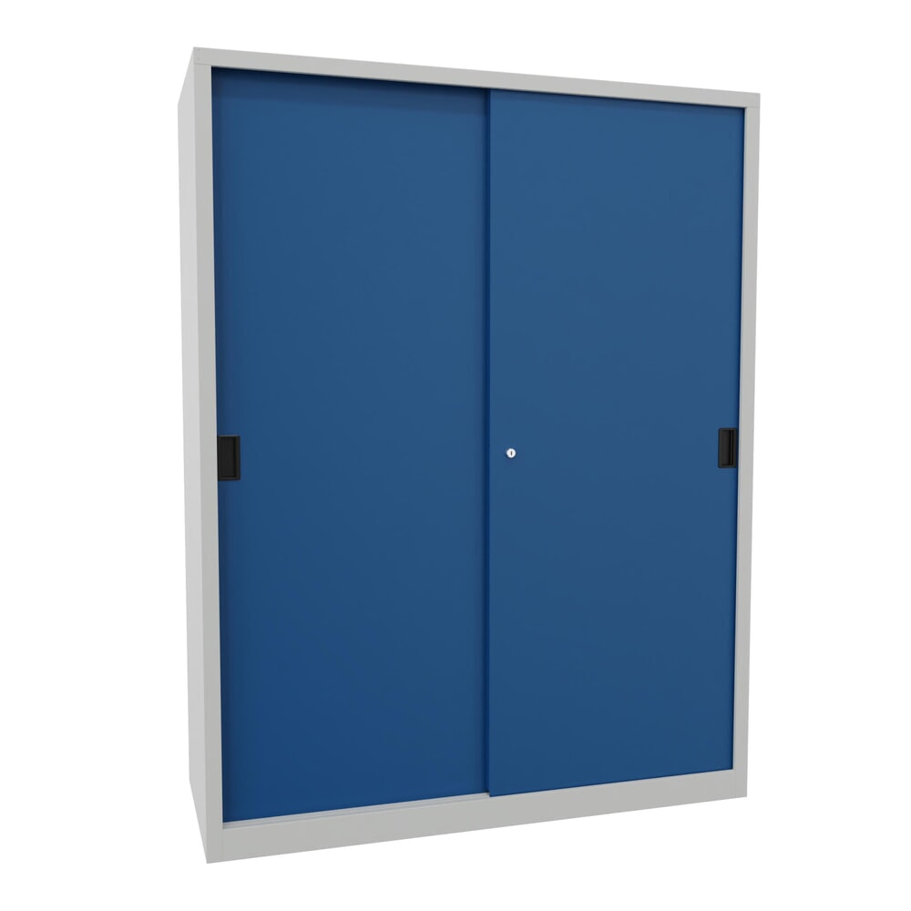 Numéro de l'image du produit 1: Armoire à portes coulissantes PAVOY avec mit 8 tablettes + cloison de séparation, HxlxP 1 950 x 1 500 x 600 mm, bleu gentiane, gris clair