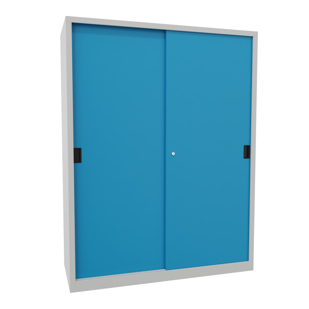 N° de l'image du produit 1 : Armoire à portes coulissantes PAVOY avec mit 8 tablettes + cloison de séparation, HxlxP 1 950 x 1 500 x 600 mm, bleu clair, gris clair