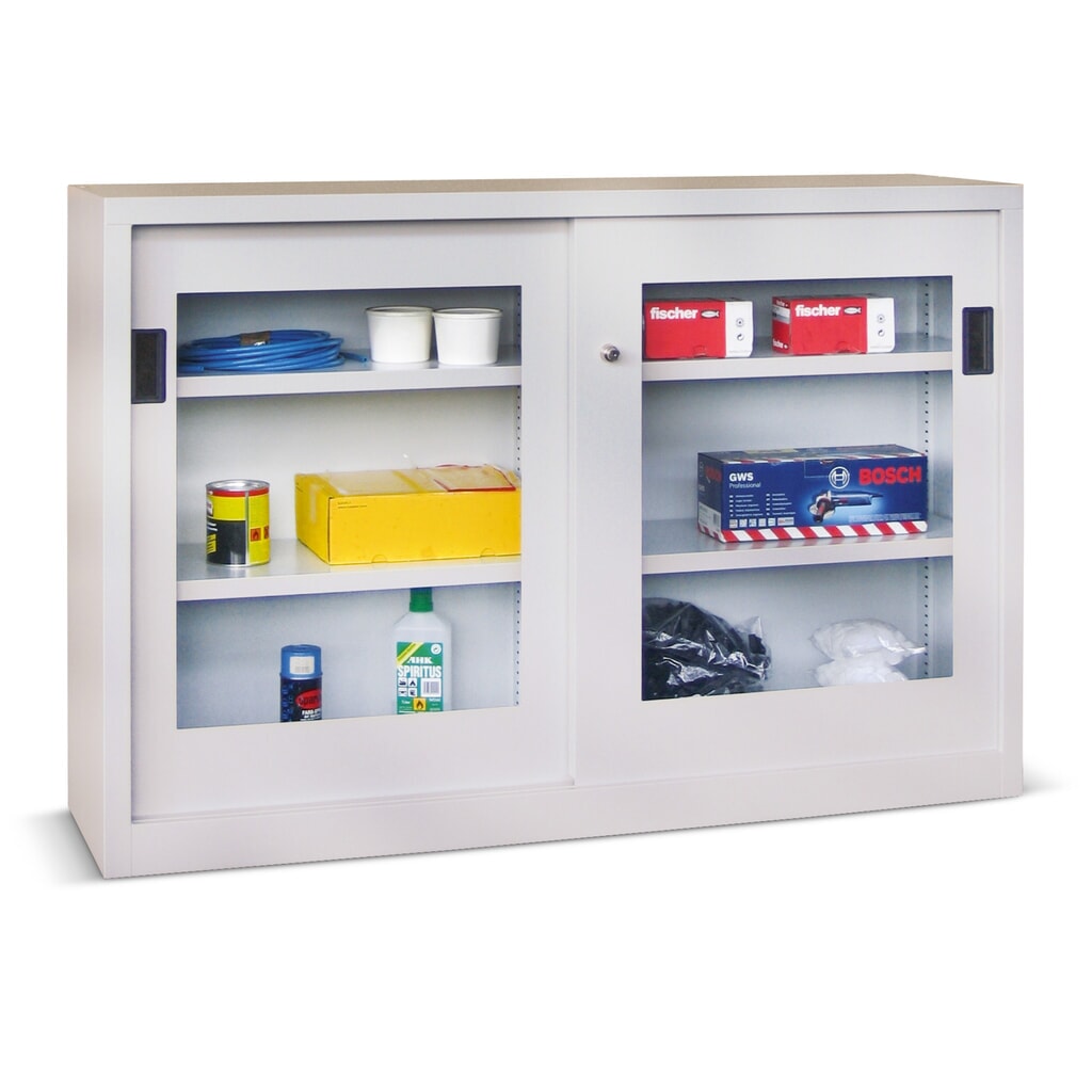 Armoire à portes coulissantes PAVOY avec regards + 2 tablettes, H x l x P 1 000 x 1 000 x 600 mm, gris clair, gris clair N° de l'image du produit 1 : Armoire à portes coulissantes PAVOY avec regards + 2 tablettes, H x l x P 1 000 x 1 000 x 600 mm, gris clair, gris clair