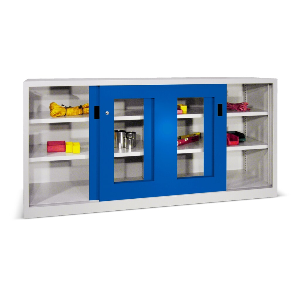 Armoire à portes coulissantes PAVOY avec regards + 4 tablettes + cloison de séparation, H x l x P 1 000 x 1 500 x 600 mm, bleu gentiane, gris clair N° de l'image du produit 1 : Armoire à portes coulissantes PAVOY avec regards + 4 tablettes + cloison de séparation, H x l x P 1 000 x 1 500 x 600 mm, bleu gentiane, gris clair