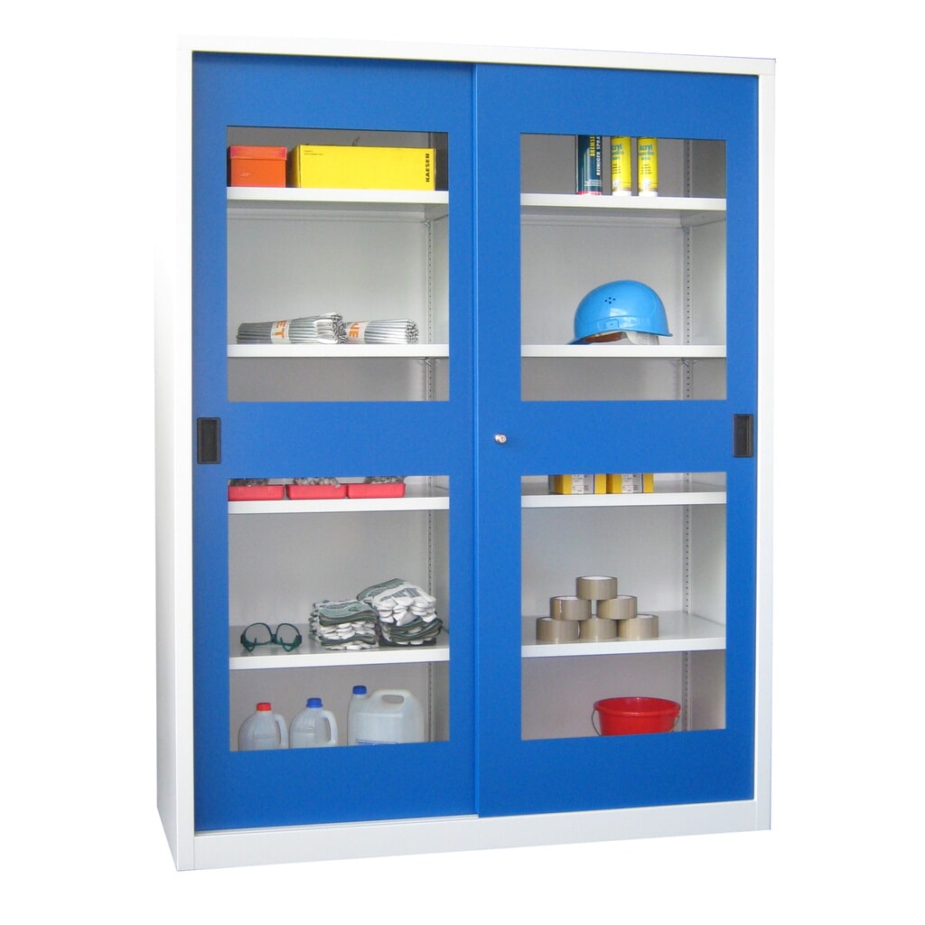 Armoire à portes coulissantes PAVOY avec regards + 8 tablettes + cloison de séparation, H x l x P 1 950 x 1 500 x 400 mm, bleu gentiane, gris clair N° de l'image du produit 2 : Armoire à portes coulissantes PAVOY avec regards + 8 tablettes + cloison de séparation, H x l x P 1 950 x 1 500 x 400 mm, bleu gentiane, gris clair