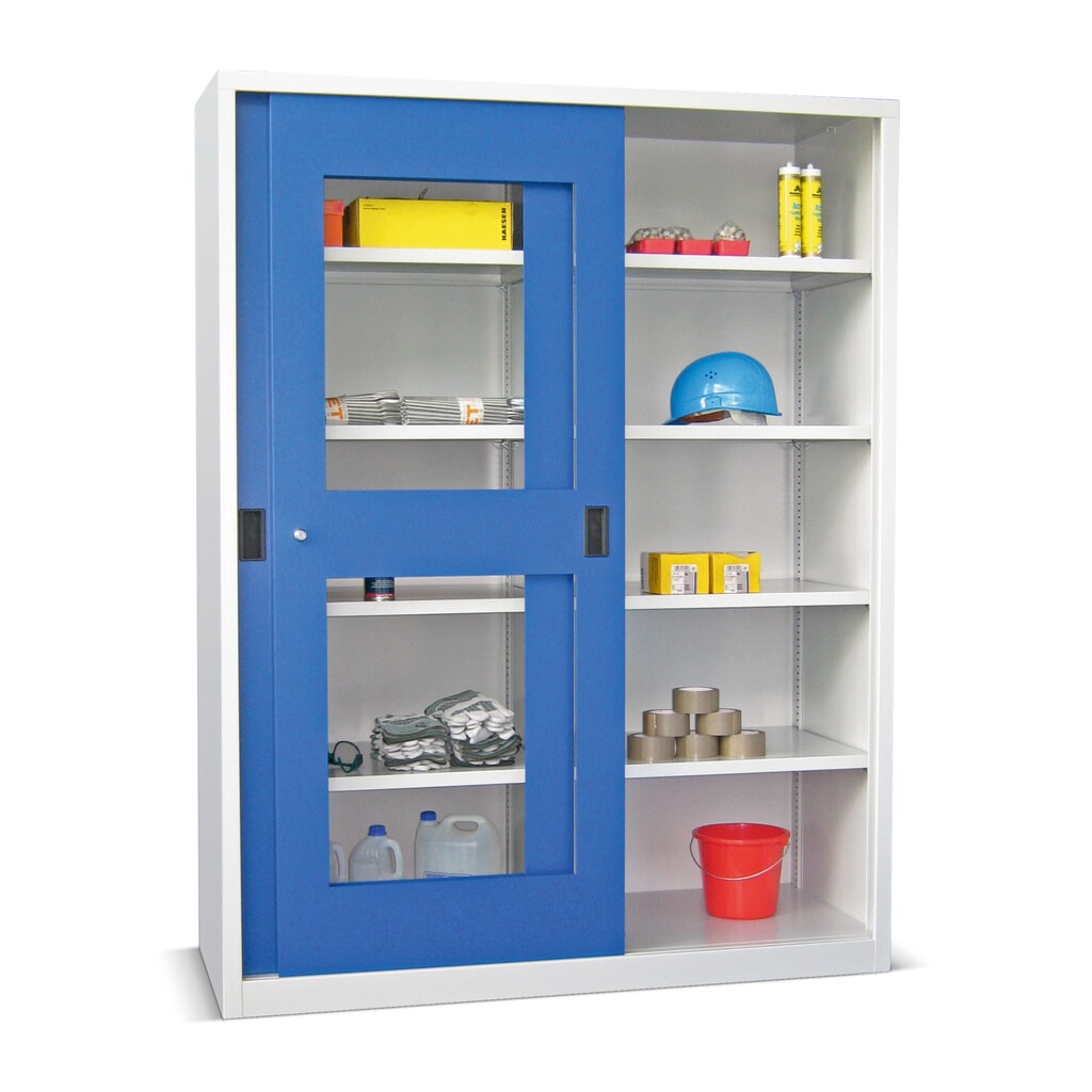 Armoire à portes coulissantes PAVOY avec regards + 8 tablettes + cloison de séparation, H x l x P 1 950 x 1 500 x 400 mm, bleu gentiane, gris clair Illustration du produit: Armoire à portes coulissantes PAVOY avec regards + 8 tablettes + cloison de séparation, H x l x P 1 950 x 1 500 x 400 mm, bleu gentiane, gris clair