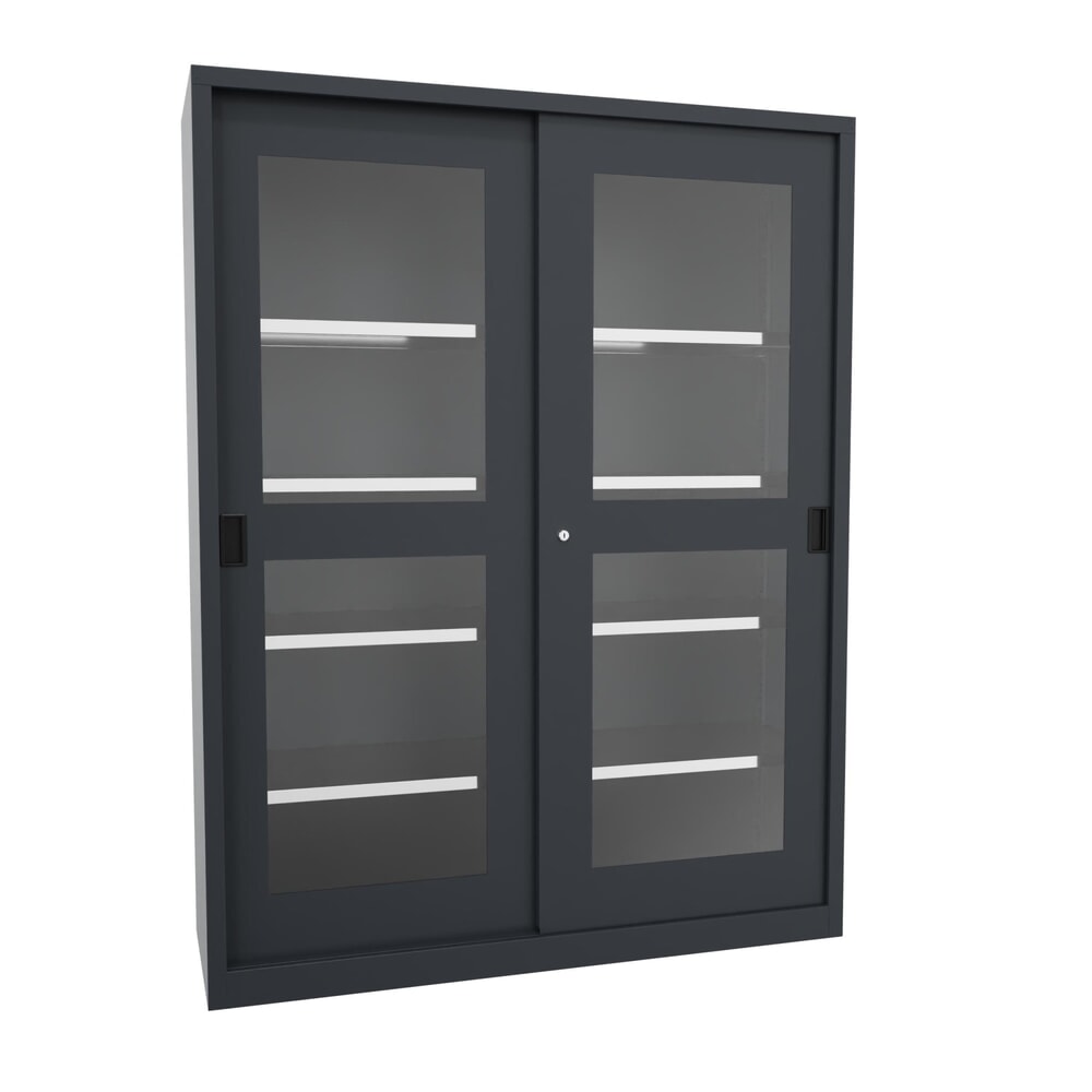 Numéro de l'image du produit 1: Armoire à portes coulissantes PAVOY avec regards + 8 tablettes + cloison de séparation, H x l x P 1 950 x 1 500 x 500 mm, bleu gentiane, gris clair