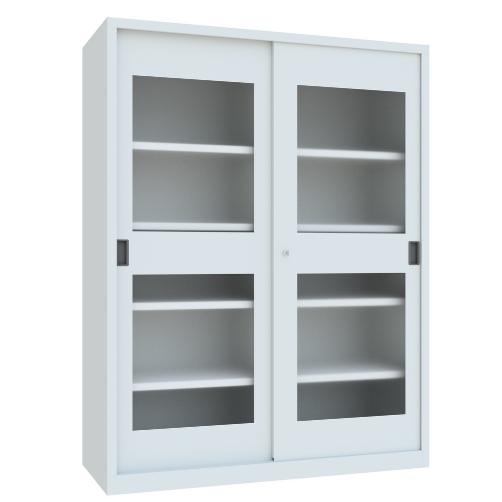 Numéro de l'image du produit 3: Armoire à portes coulissantes PAVOY avec regards + 8 tablettes + cloison de séparation, H x l x P 1 950 x 1 500 x 600 mm, gris clair, gris clair