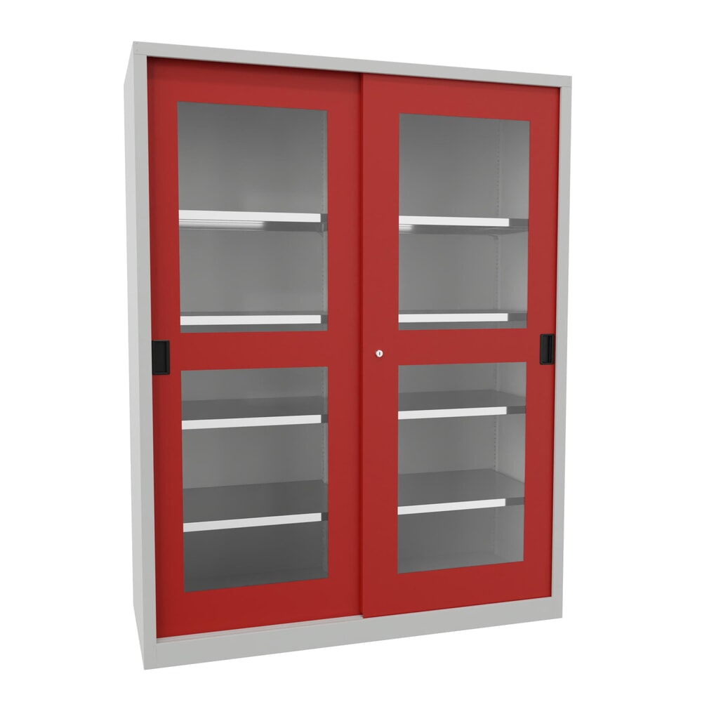 Numéro de l'image du produit 1: Armoire à portes coulissantes PAVOY avec regards + 8 tablettes + cloison de séparation, H x l x P 1 950 x 1 500 x 600 mm, rouge feu, gris clair