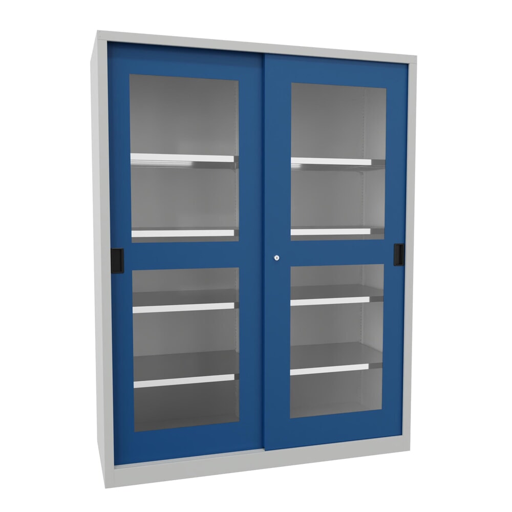 Numéro de l'image du produit 1: Armoire à portes coulissantes PAVOY avec regards + 8 tablettes + cloison de séparation, H x l x P 1 950 x 1 500 x 600 mm, bleu gentiane, gris clair