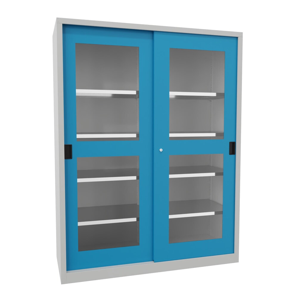 Numéro de l'image du produit 1: Armoire à portes coulissantes PAVOY avec regards + 8 tablettes + cloison de séparation, H x l x P 1 950 x 1 500 x 600 mm, bleu clair, gris clair