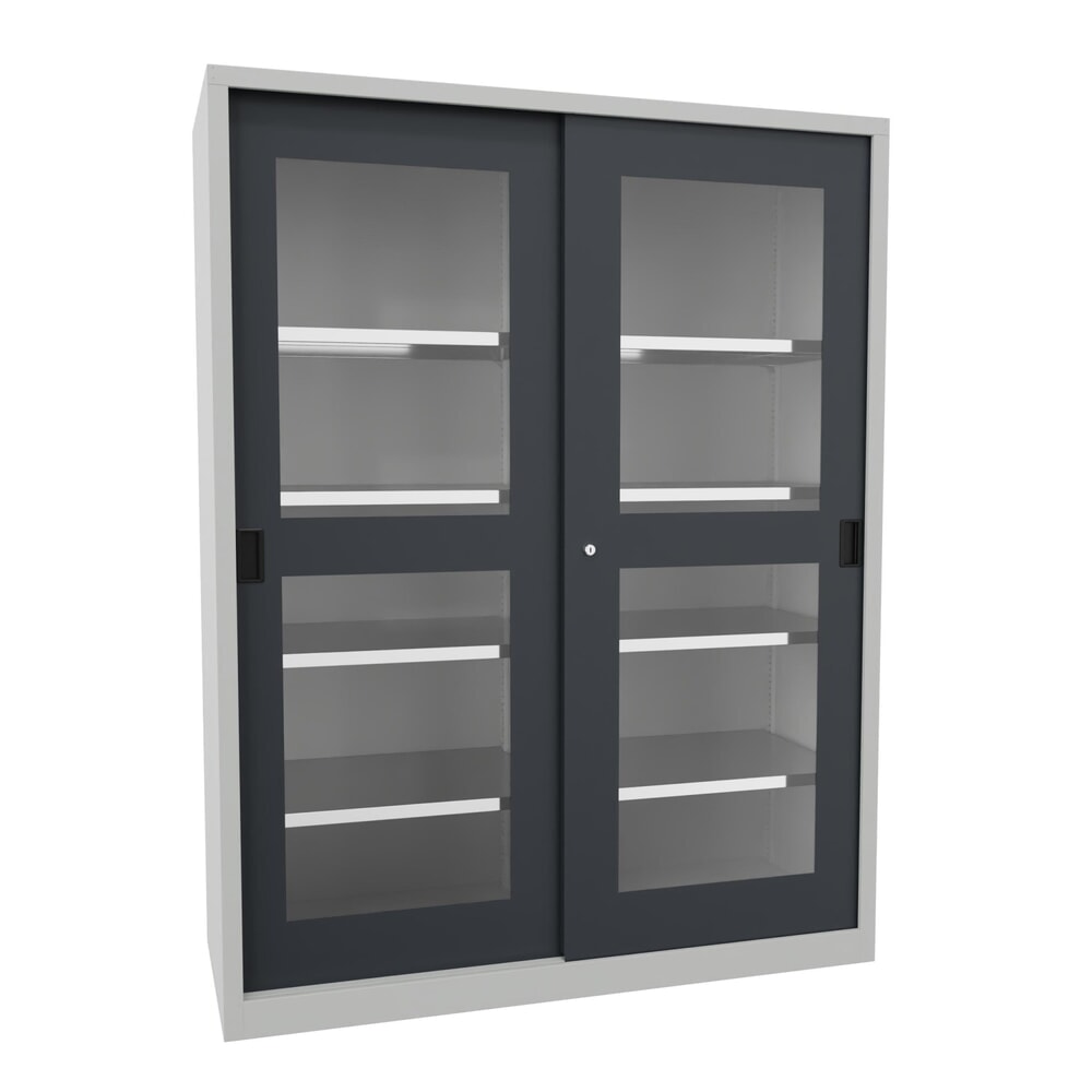 Numéro de l'image du produit 1: Armoire à portes coulissantes PAVOY avec regards + 8 tablettes + cloison de séparation, H x l x P 1 950 x 1 500 x 600 mm, gris anthracite, gris clair