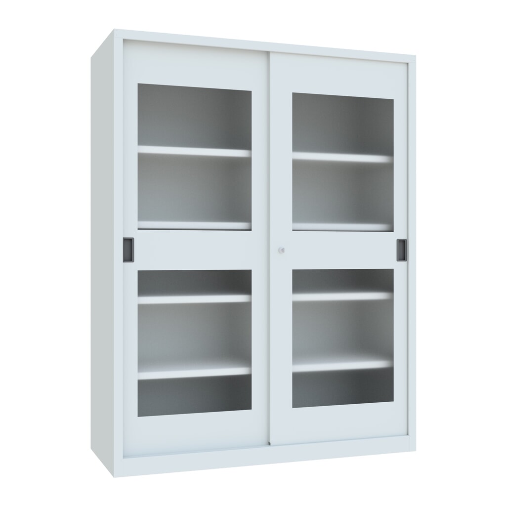 Armoire à portes coulissantes PAVOY avec regards + 8 tablettes + cloison de séparation, H x l x P 1 950 x 1 500 x 600 mm, gris clair, gris clair Illustration du produit: Armoire à portes coulissantes PAVOY avec regards + 8 tablettes + cloison de séparation, H x l x P 1 950 x 1 500 x 600 mm, gris clair, gris clair