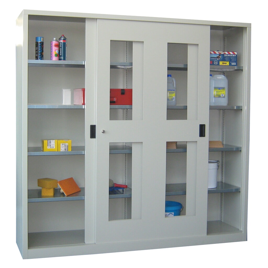 Armoire à portes coulissantes PAVOY avec regards + 8 tablettes + cloison de séparation, H x l x P 1 950 x 2 000 x 600 mm, gris clair, gris clair N° de l'image du produit 2 : Armoire à portes coulissantes PAVOY avec regards + 8 tablettes + cloison de séparation, H x l x P 1 950 x 2 000 x 600 mm, gris clair, gris clair
