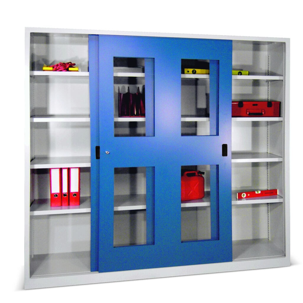 Armoire à portes coulissantes PAVOY avec regards + 8 tablettes + cloison de séparation, H x l x P 1 950 x 2 000 x 500 mm, bleu gentiane, gris clair N° de l'image du produit 1 : Armoire à portes coulissantes PAVOY avec regards + 8 tablettes + cloison de séparation, H x l x P 1 950 x 2 000 x 500 mm, bleu gentiane, gris clair