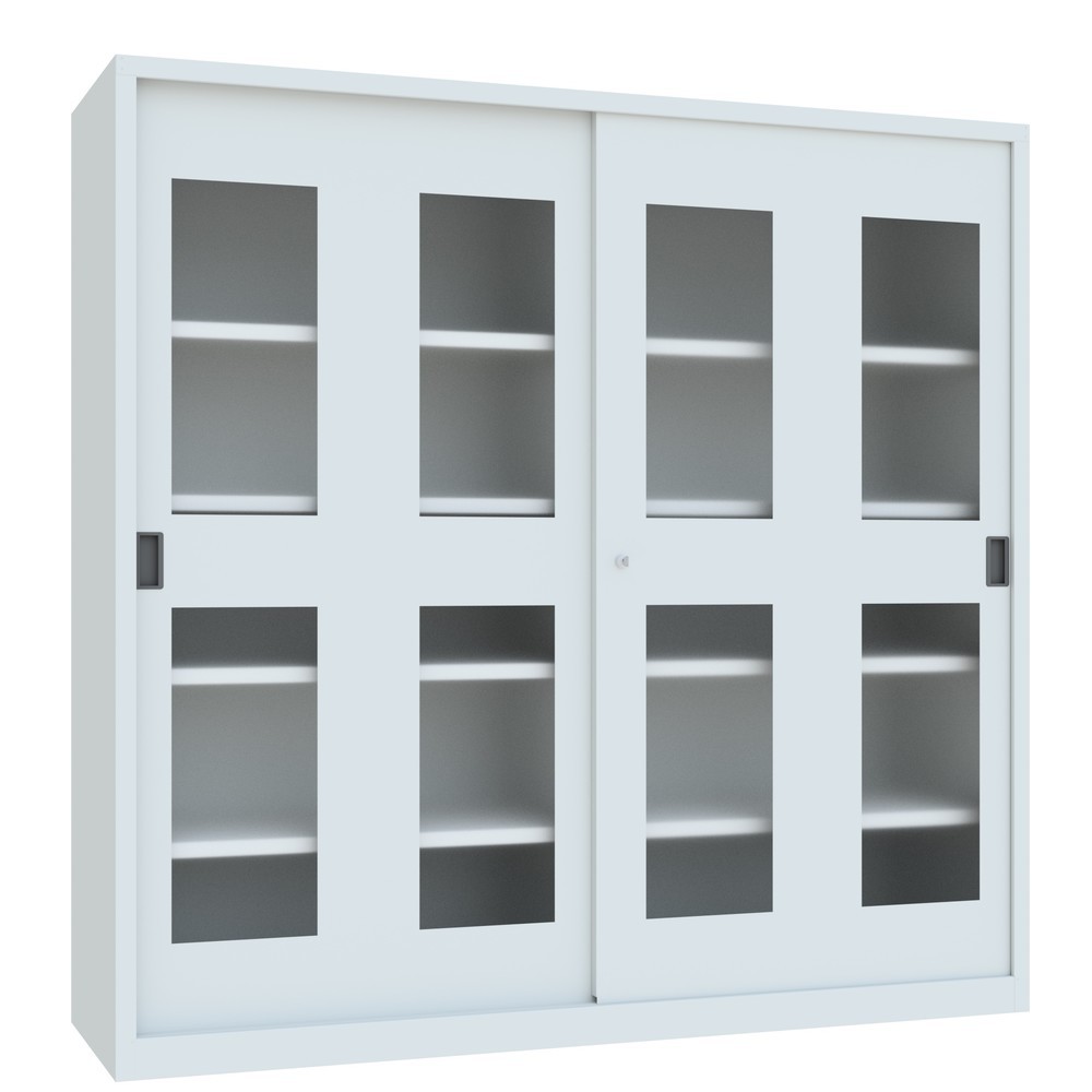 Numéro de l'image du produit 3: Armoire à portes coulissantes PAVOY avec regards + 8 tablettes + cloison de séparation, H x l x P 1 950 x 2 000 x 600 mm, gris clair, gris clair