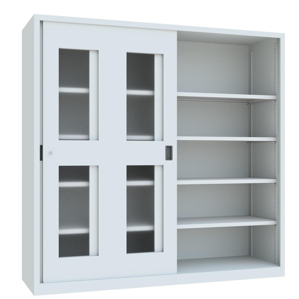 Armoire à portes coulissantes PAVOY avec regards + 8 tablettes + cloison de séparation, H x l x P 1 950 x 2 000 x 600 mm, gris clair, gris clair N° de l'image du produit 4 : Armoire à portes coulissantes PAVOY avec regards + 8 tablettes + cloison de séparation, H x l x P 1 950 x 2 000 x 600 mm, gris clair, gris clair
