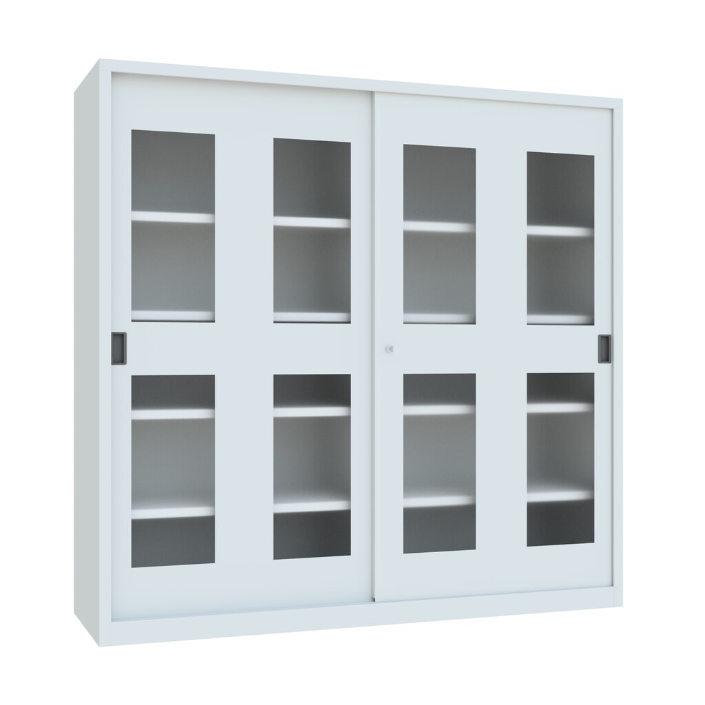 N° de l'image du produit 1 : Armoire à portes coulissantes PAVOY avec regards + 8 tablettes + cloison de séparation, H x l x P 1 950 x 2 000 x 600 mm, gris clair, gris clair