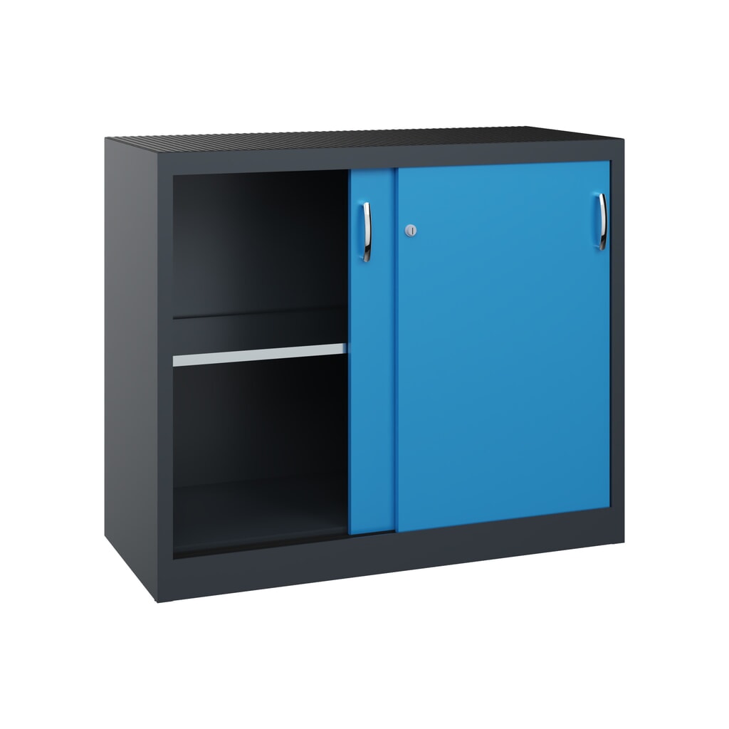 Armoire à portes coulissantes pour charges lourdes C+P, H x l x P 1 000 x 1 200 x 500 mm, gris anthracite, bleu clair N° de l'image du produit 2 : Armoire à portes coulissantes pour charges lourdes C+P, H x l x P 1 000 x 1 200 x 500 mm, gris anthracite, bleu clair