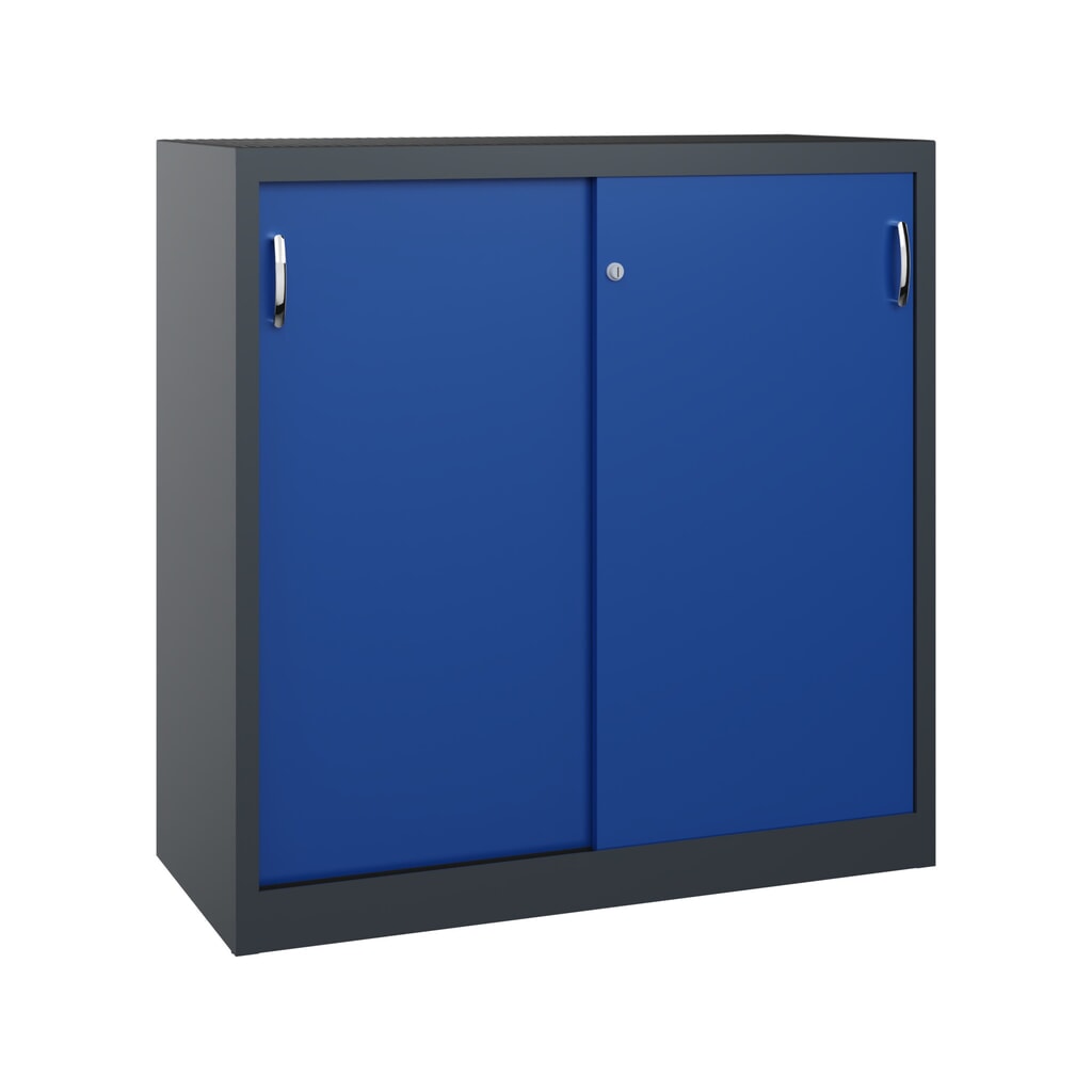 Armoire à portes coulissantes pour charges lourdes C+P, H x l x P 1 200 x 1 200 x 500 mm, gris anthracite, bleu gentiane Illustration du produit: Armoire à portes coulissantes pour charges lourdes C+P, H x l x P 1 200 x 1 200 x 500 mm, gris anthracite, bleu gentiane