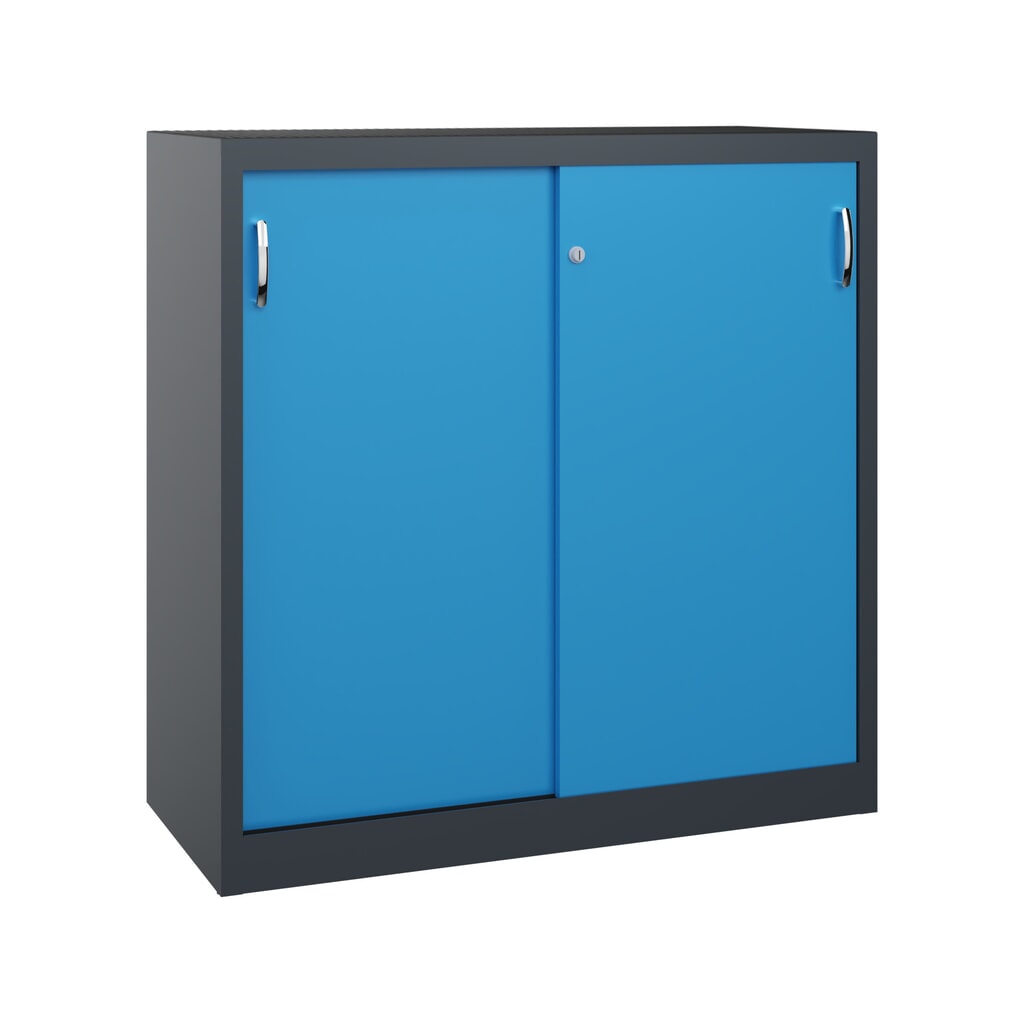 Armoire à portes coulissantes pour charges lourdes C+P, H x l x P 1 200 x 1 200 x 500 mm, gris anthracite, bleu clair Illustration du produit: Armoire à portes coulissantes pour charges lourdes C+P, H x l x P 1 200 x 1 200 x 500 mm, gris anthracite, bleu clair