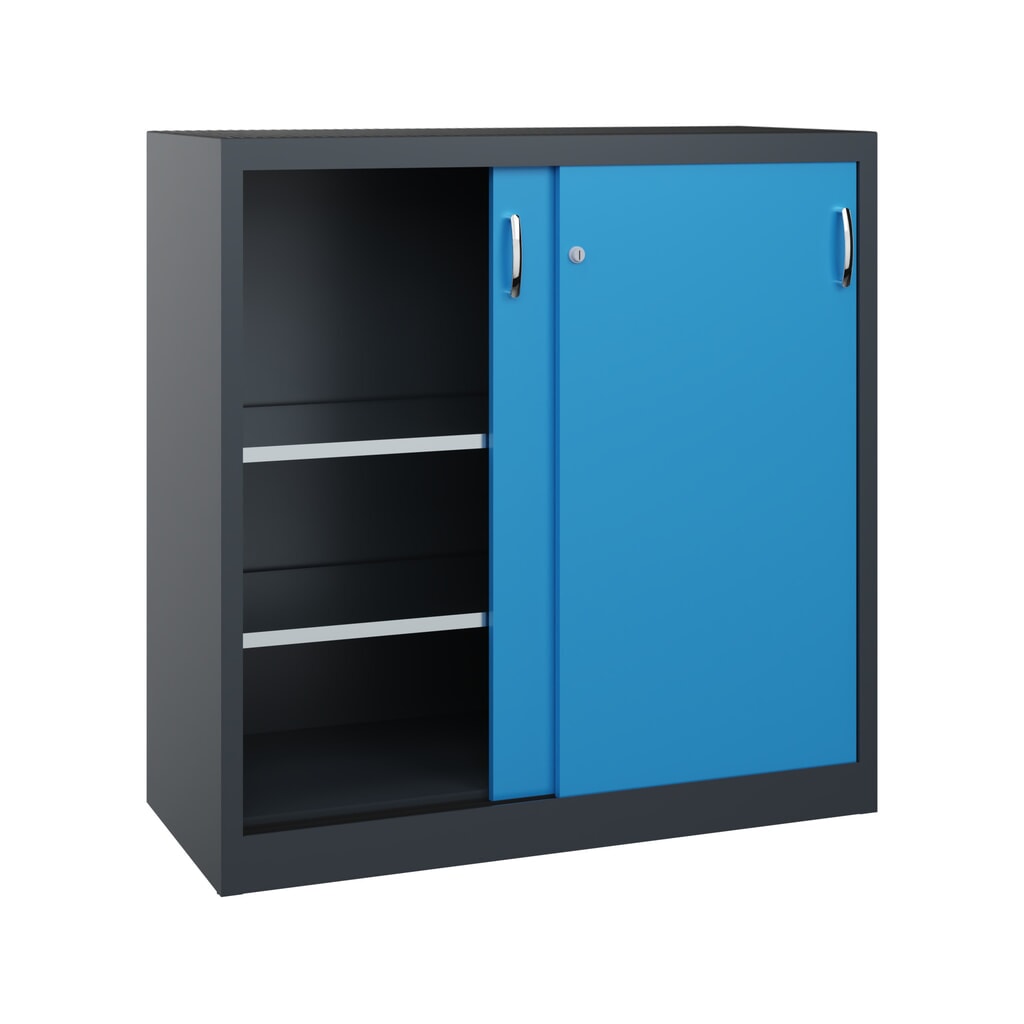 Armoire à portes coulissantes pour charges lourdes C+P, H x l x P 1 200 x 1 200 x 500 mm, gris anthracite, bleu clair N° de l'image du produit 2 : Armoire à portes coulissantes pour charges lourdes C+P, H x l x P 1 200 x 1 200 x 500 mm, gris anthracite, bleu clair