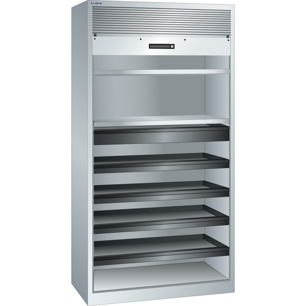 Armoire à rideaux LISTA, (lxPxH) 1 000x580x1 950 mm, 4 étagères coulissantes, 2 étagères réglables, gris clair Illustration du produit: Armoire à rideaux LISTA, (lxPxH) 1 000x580x1 950 mm, 4 étagères coulissantes, 2 étagères réglables, gris clair