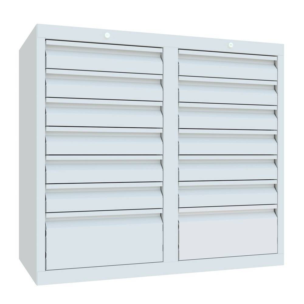 Numéro de l'image du produit 4: Armoire à tiroirs légère PAVOY, guidage à coulissement, tiroirs 12 x 100 mm + 2 x 200 mm, largeur 1 000 mm, gris clair, gris clair
