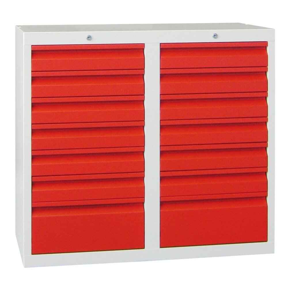 Numéro de l'image du produit 1: Armoire à tiroirs légère PAVOY, guidage à coulissement, tiroirs 12 x 100 mm + 2 x 200 mm, largeur 1 000 mm, rouge feu, gris clair