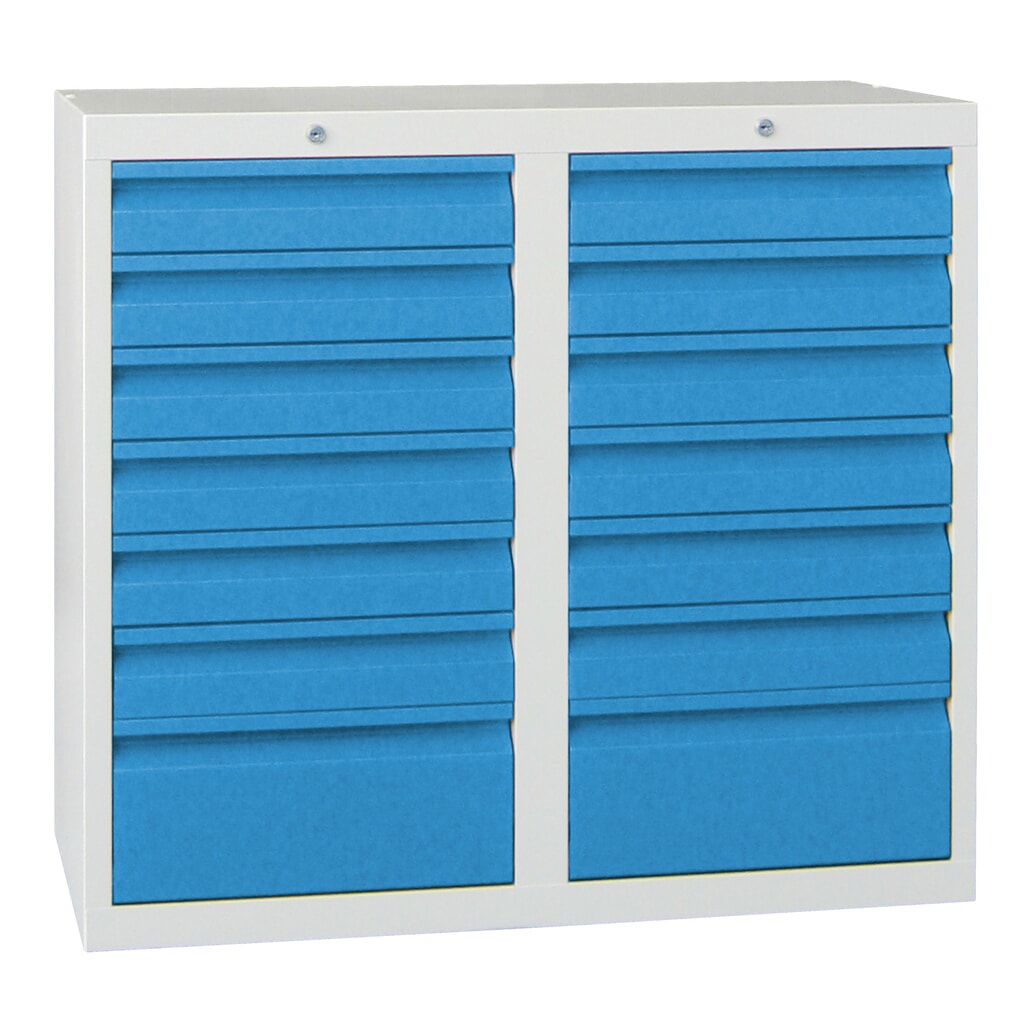 N° de l'image du produit 1 : Armoire à tiroirs légère PAVOY, guidage à galets, tiroirs 12 x 100 mm + 2 x 200 mm, largeur 1 000 mm, bleu clair, gris clair