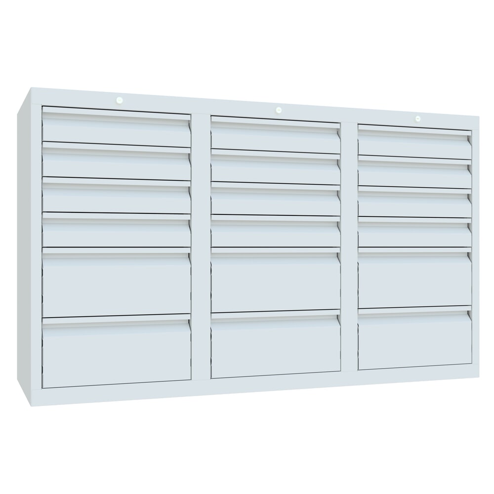 Numéro de l'image du produit 1: Armoire à tiroirs légère PAVOY, guidage à coulissement, tiroirs 12 x 100 mm + 6 x 200 mm, largeur 1 500 m, gris clair, gris clair