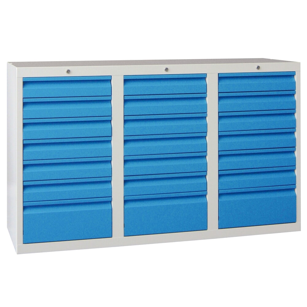Numéro de l'image du produit 1: Armoire à tiroirs légère PAVOY, guidage à coulissement, tiroirs 18 x 100 mm + 3 x 200 mm, largeur 1 500 mm, bleu ciel, gris clair