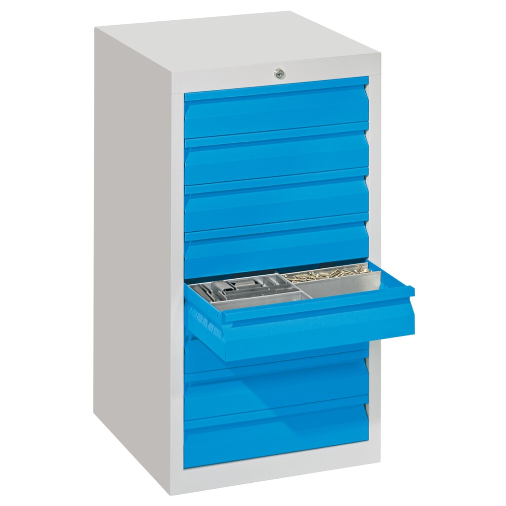 N° de l'image du produit 5 : Armoire à tiroirs légère PAVOY, guidage à coulissement, tiroirs 2 x 100 mm + 3 x 200 mm, largeur 500 mm, bleu clair, gris clair