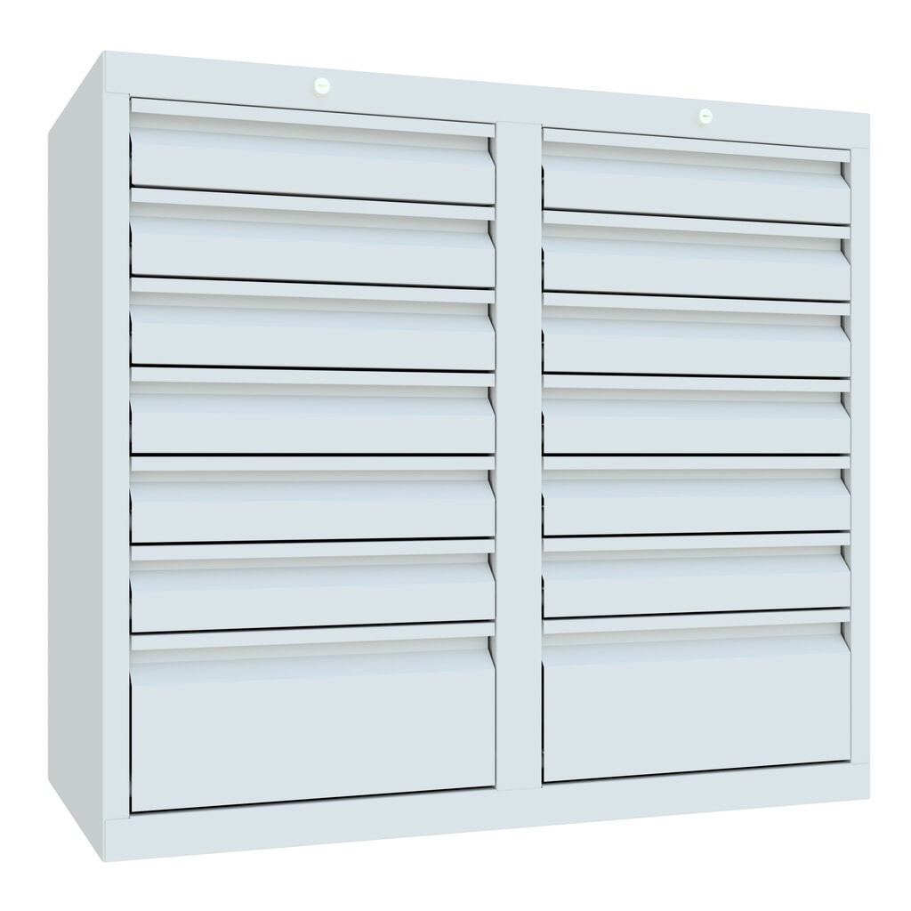 Armoire à tiroirs légère PAVOY, guidage à galets, tiroirs 12 x 100 mm + 2 x 200 mm, largeur 1 000 mm, gris clair, gris clair N° de l'image du produit 1 : Armoire à tiroirs légère PAVOY, guidage à galets, tiroirs 12 x 100 mm + 2 x 200 mm, largeur 1 000 mm, gris clair, gris clair