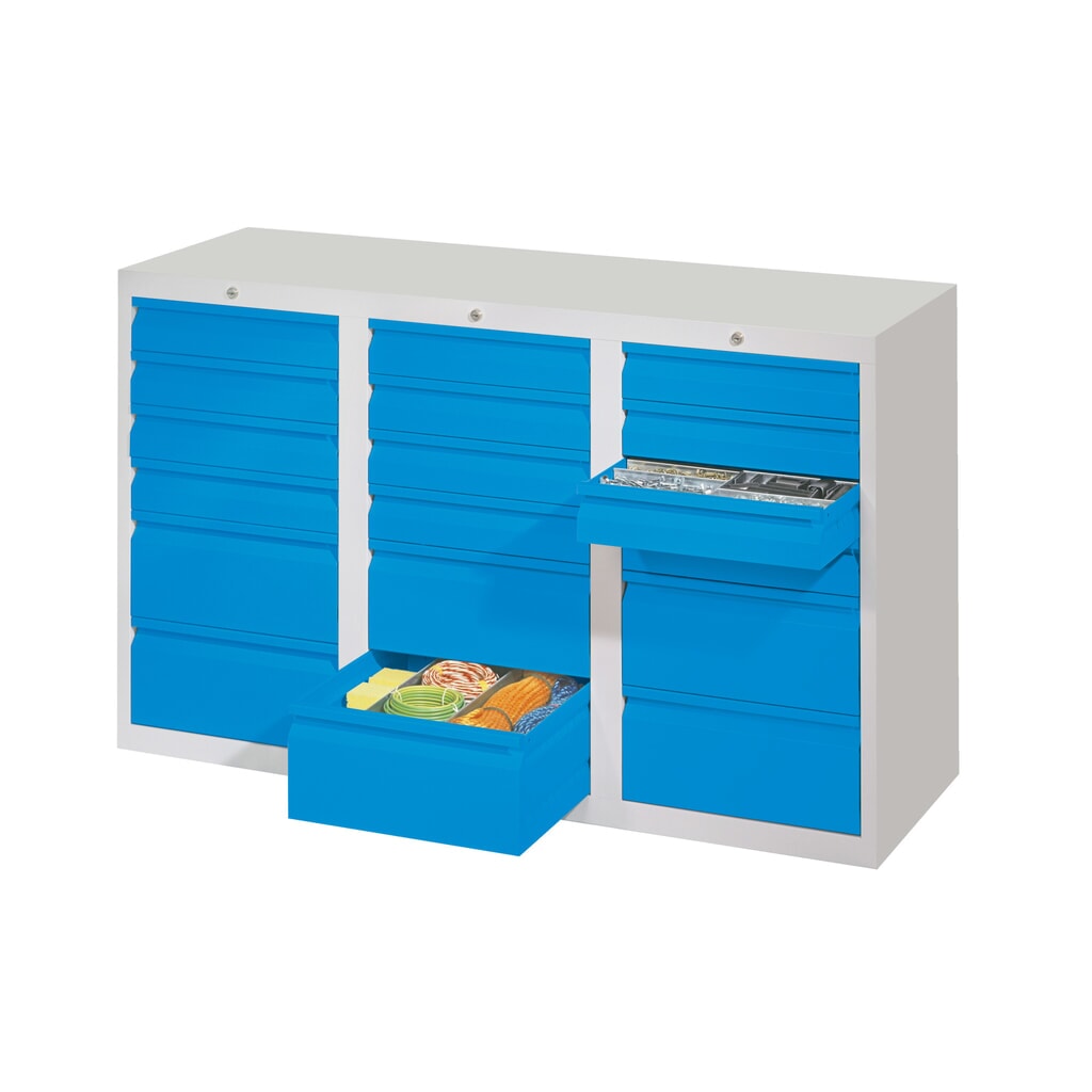 N° de l'image du produit 2 : Armoire à tiroirs légère PAVOY, guidage à coulissement, tiroirs 18 x 100 mm + 3 x 200 mm, largeur 1 500 mm, blanc pur, blanc pur
