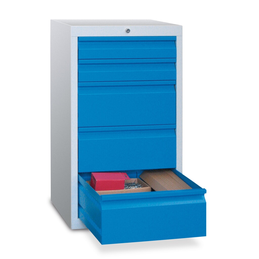 N° de l'image du produit 1 : Armoire à tiroirs légère PAVOY, guidage à coulissement, tiroirs 2 x 100 mm + 3 x 200 mm, largeur 500 mm, bleu clair, gris clair