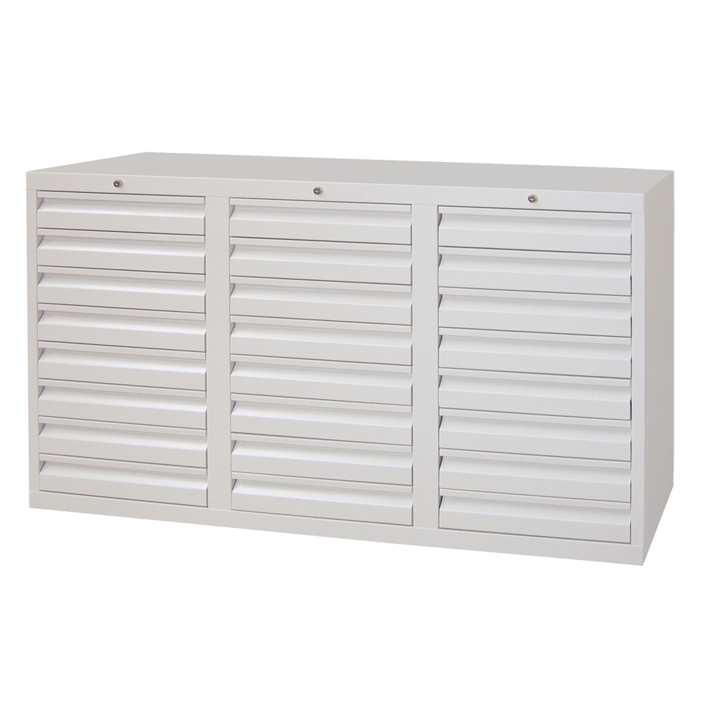 N° de l'image du produit 3 : Armoire à tiroirs légère PAVOY, guidage à coulissement, tiroirs 18 x 100 mm + 3 x 200 mm, largeur 1 500 mm, blanc pur, blanc pur