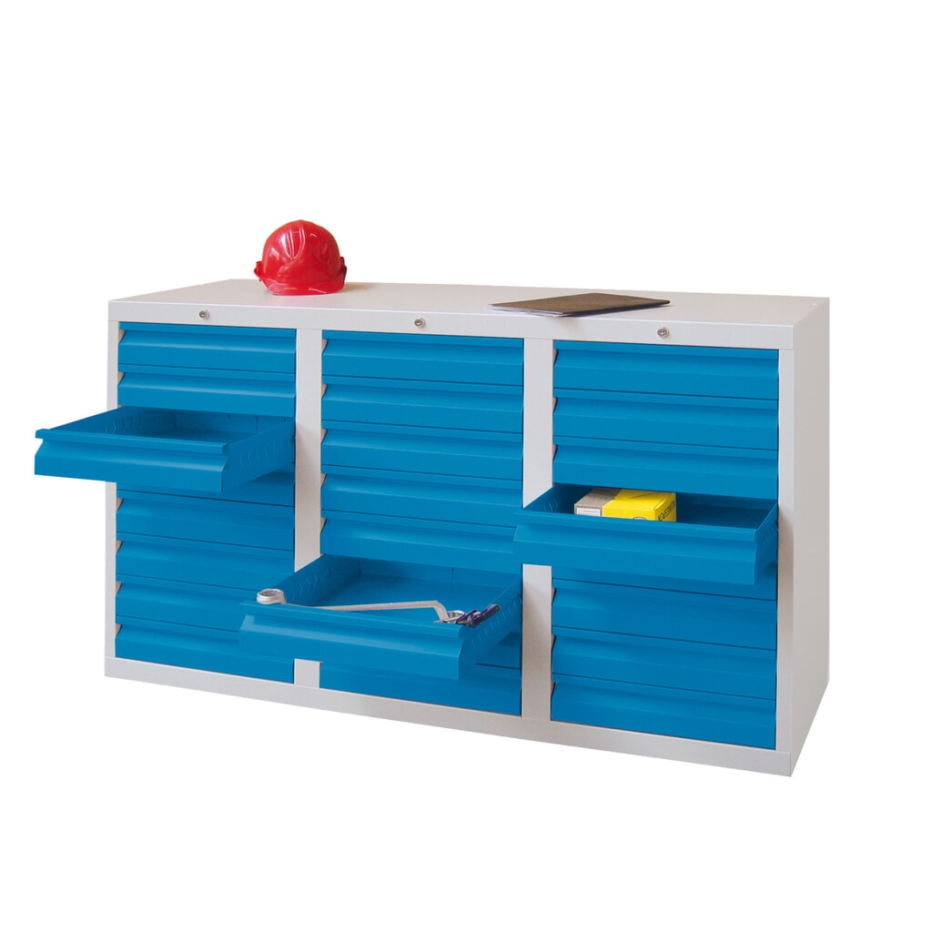 N° de l'image du produit 4 : Armoire à tiroirs légère PAVOY, guidage à coulissement, tiroirs 18 x 100 mm + 3 x 200 mm, largeur 1 500 mm, blanc pur, blanc pur