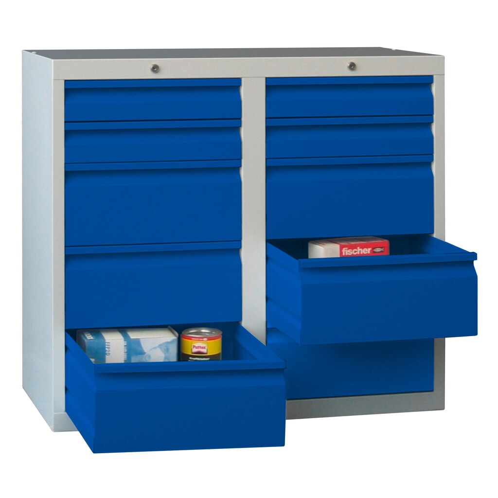 Armoire à tiroirs légère PAVOY, guidage à coulissement, tiroirs 4 x 100 mm + 6 x 200 mm, largeur 1 000 mm, bleu clair, gris clair N° de l'image du produit 1 : Armoire à tiroirs légère PAVOY, guidage à coulissement, tiroirs 4 x 100 mm + 6 x 200 mm, largeur 1 000 mm, bleu clair, gris clair