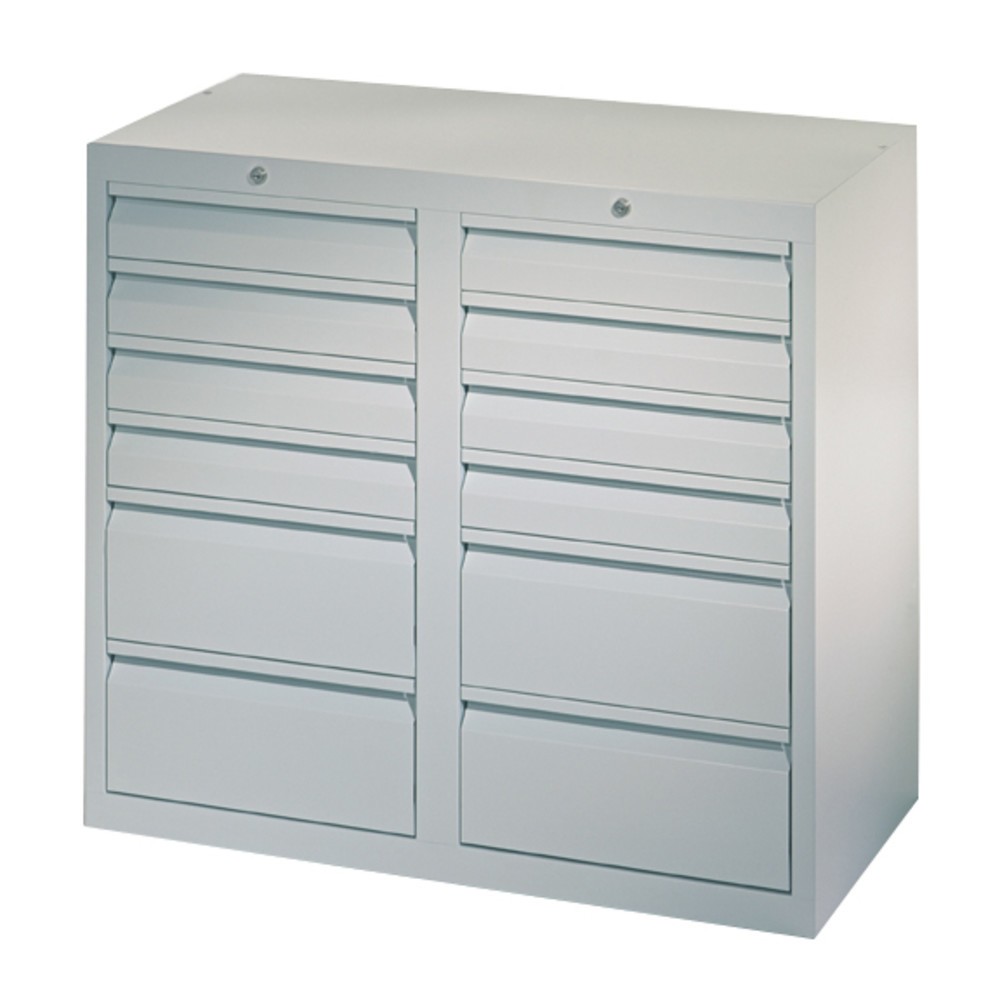 Numéro de l'image du produit 3: Armoire à tiroirs légère PAVOY, guidage à coulissement, tiroirs 8 x 100 mm + 4 x 200 mm, largeur 1 000 mm, bleu clair, gris clair
