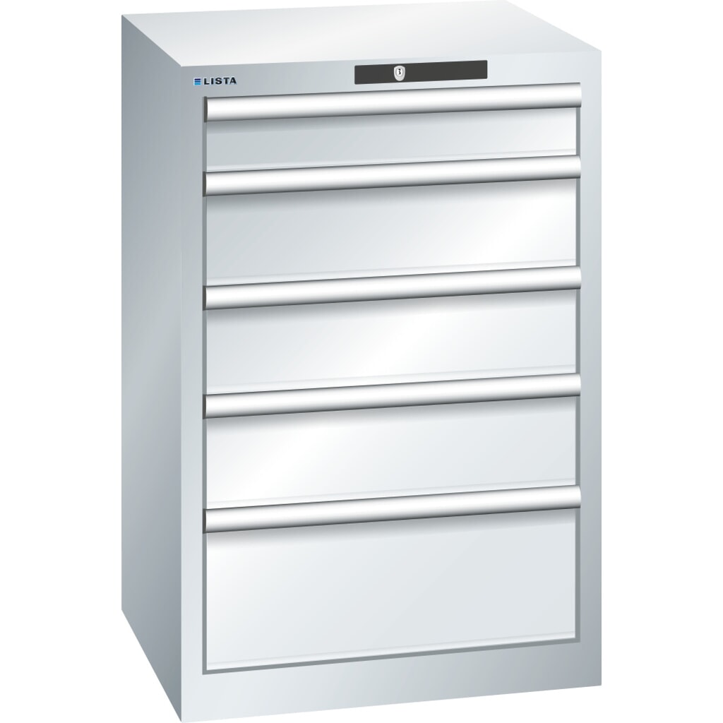 Armoire à tiroirs LISTA 27 x 27E, (lxPxH) 564x572x850 mm, 5 tiroirs, 1 x 100 / 3 x 150 / 1 x 200, gris clair, KEY Lock Illustration du produit: Armoire à tiroirs LISTA 27 x 27E, (lxPxH) 564x572x850 mm, 5 tiroirs, 1 x 100 / 3 x 150 / 1 x 200, gris clair, KEY Lock