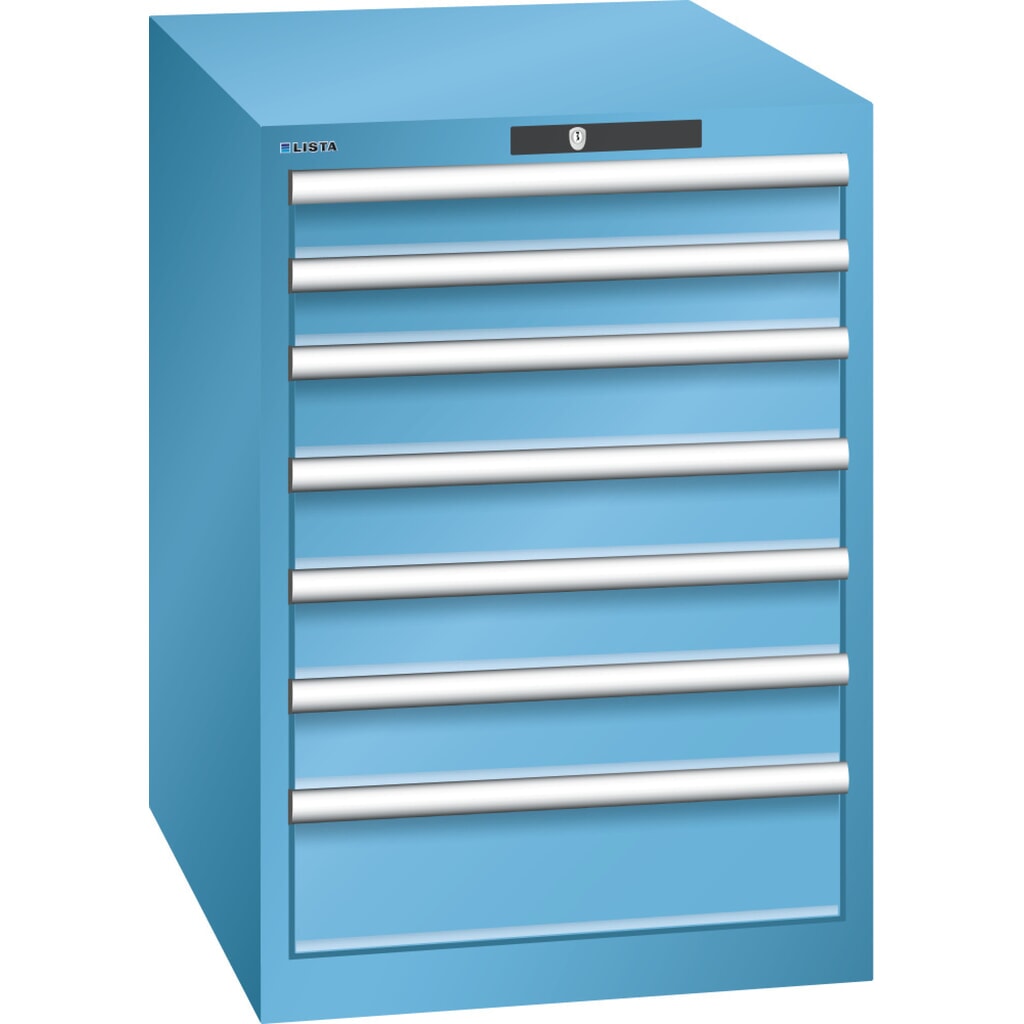 Armoire à tiroirs LISTA 27x36E, (lxPxH) 564x725x800 mm, 7 tiroirs, 2 x 75 / 4 x 100 / 1 x 150, bleu clair, KEY Lock Illustration du produit: Armoire à tiroirs LISTA 27x36E, (lxPxH) 564x725x800 mm, 7 tiroirs, 2 x 75 / 4 x 100 / 1 x 150, bleu clair, KEY Lock