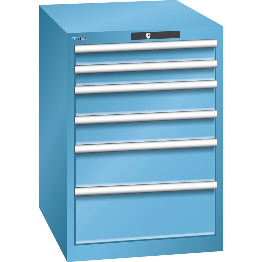 Armoire à tiroirs LISTA 27x36E, (lxPxH) 564x725x800 mm, 6 tiroirs, hauteurs de façade 75-200 mm, bleu clair, KEY Lock Illustration du produit: Armoire à tiroirs LISTA 27x36E, (lxPxH) 564x725x800 mm, 6 tiroirs, hauteurs de façade 75-200 mm, bleu clair, KEY Lock