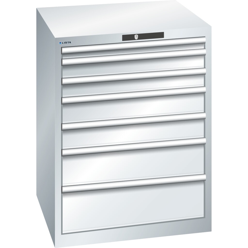 Illustration du produit: Armoire à tiroirs LISTA 36x36E, (lxPxH) 717x725x850 mm, 7 tiroirs, hauteurs de façade 50-200 mm, gris clair, KEY Lock