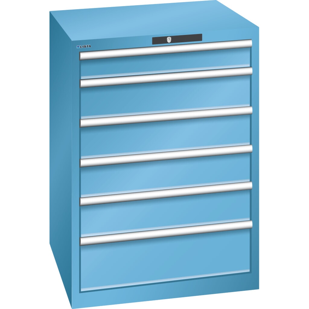 Armoire à tiroirs LISTA 36x36E, (lxPxH) 717x725x1 000 mm, 6 tiroirs capacité de charge 200 kg, bleu clair, KEY Lock Illustration du produit: Armoire à tiroirs LISTA 36x36E, (lxPxH) 717x725x1 000 mm, 6 tiroirs capacité de charge 200 kg, bleu clair, KEY Lock