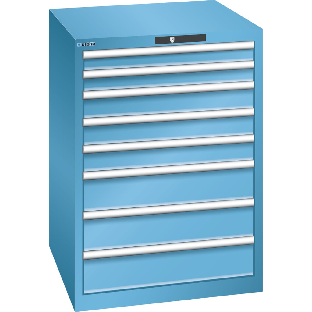 Armoire à tiroirs LISTA 36x36E, (lxPxH) 717x725x1 000 mm, 8 tiroirs, 2 x 75 / 3 x 100 / 3 x 150, bleu clair, KEY Lock Illustration du produit: Armoire à tiroirs LISTA 36x36E, (lxPxH) 717x725x1 000 mm, 8 tiroirs, 2 x 75 / 3 x 100 / 3 x 150, bleu clair, KEY Lock