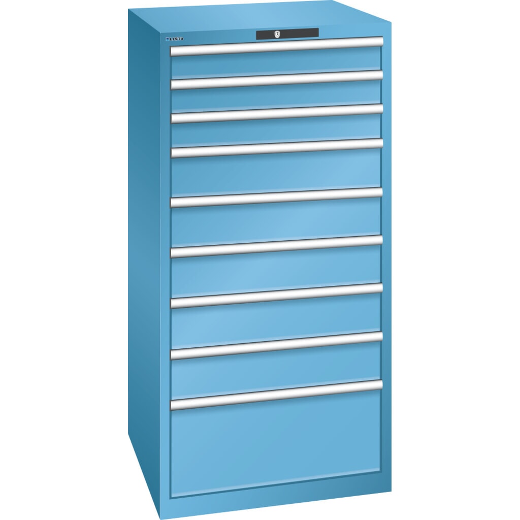 Illustration du produit: Armoire à tiroirs LISTA 36x36E, (lxPxH) 717x725x1 450 mm, 9 tiroirs, 3 x 100 / 5 x 150 / 1 x 300, bleu clair, KEY Lock