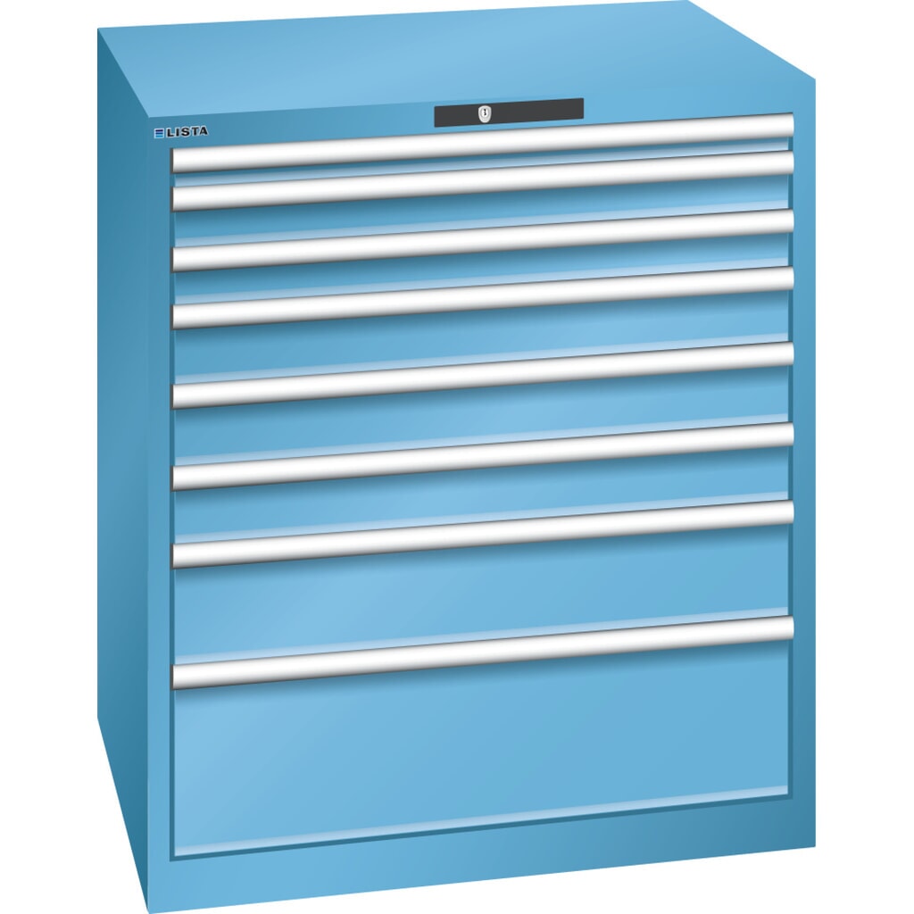 Illustration du produit: Armoire à tiroirs LISTA 45x36E, (lxPxH) 870x725x1 000 mm, 8 tiroirs, hauteurs de façade 50-250 mm, bleu clair, KEY Lock